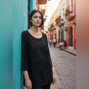 White House Black Market Black Lace Embellished Tunic Top Size Medium